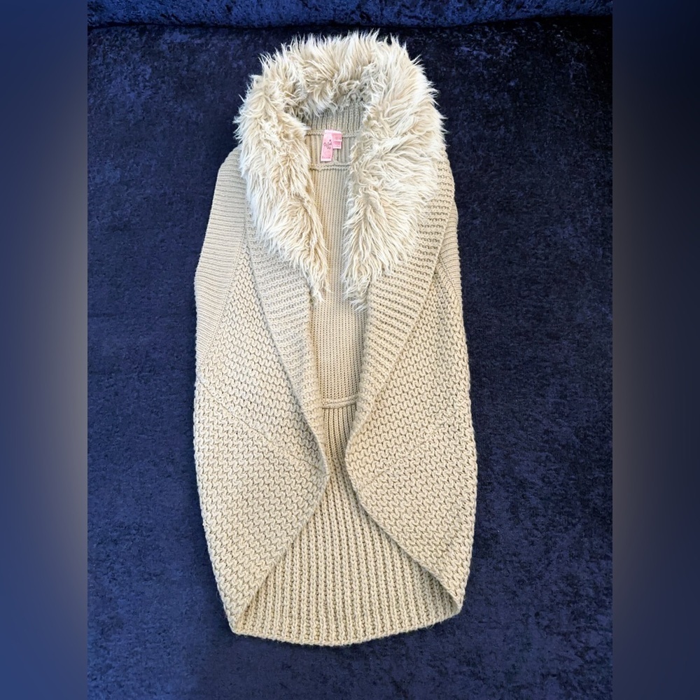 Dolled Up Tan Knit Vest with Faux Fur Collar